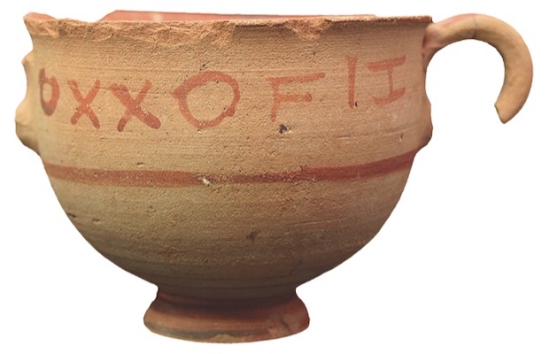 Clay two-handled cup from Piazza Dante, Vaste, Lecce. Dipartimento Scienze Archeologiche, Università di Lecce. 